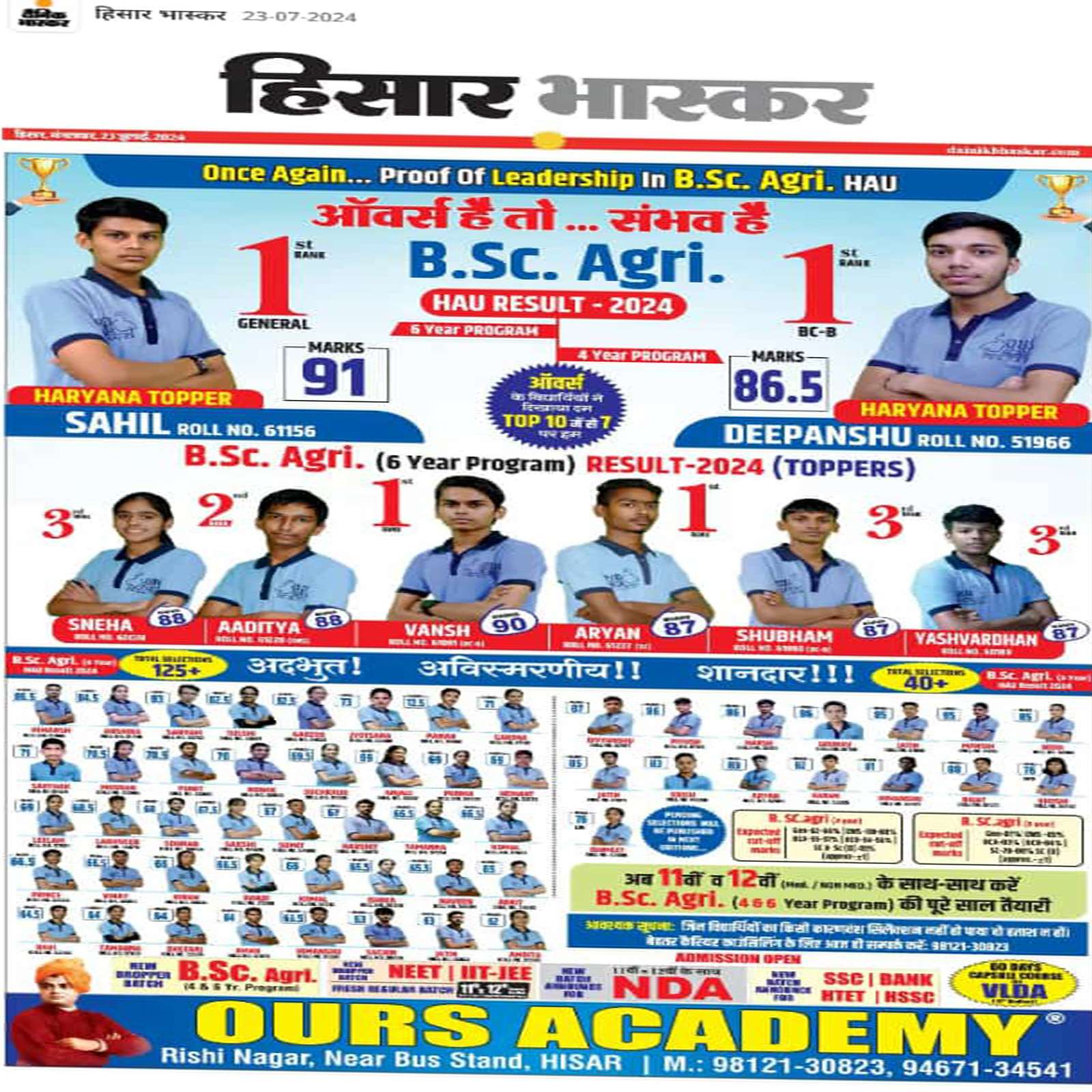 Best Agriculture Academy in Hisar B.Sc.agri Result 